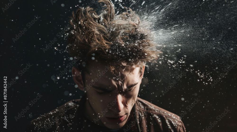 A young man's head burst open on a black background, showing his mental breakdown. A young man's head burst open on a black background, showing his mental breakdown.