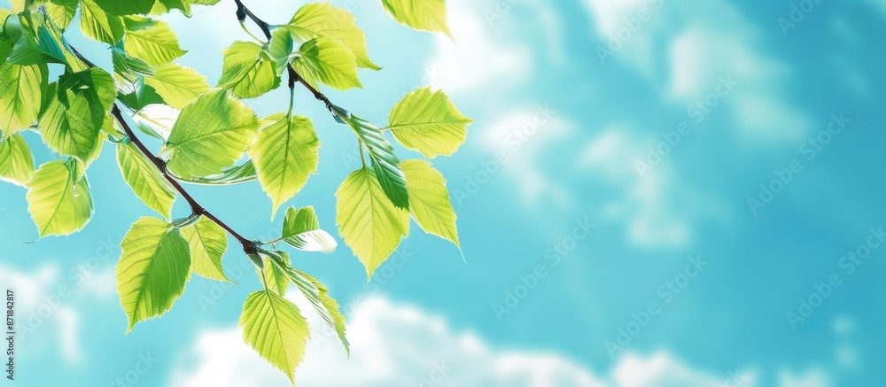 Early summer landscape featuring a branch of fresh green leaves against a blue sky, providing a picturesque copy space image. Early summer landscape featuring a branch of fresh green leaves against a blue sky, providing a picturesque copy space image.