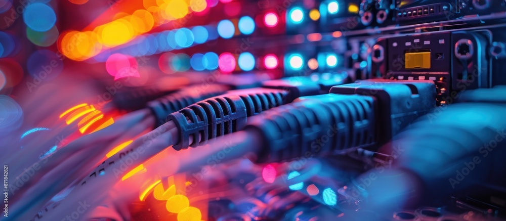 Close-up of Network Cables Connected to a Server with Red and Blue Lights Close-up of Network Cables Connected to a Server with Red and Blue Lights