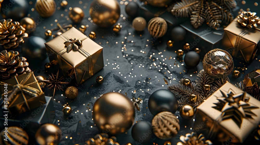 happy new year gold bright gift boxes ball and tree decoration icons. happy new year gold bright gift boxes ball and tree decoration icons.