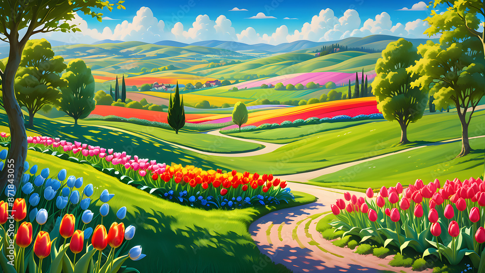 Fototapeta premium A picturesque landscape with rolling green hills, vibrant flower fields, and a winding path.