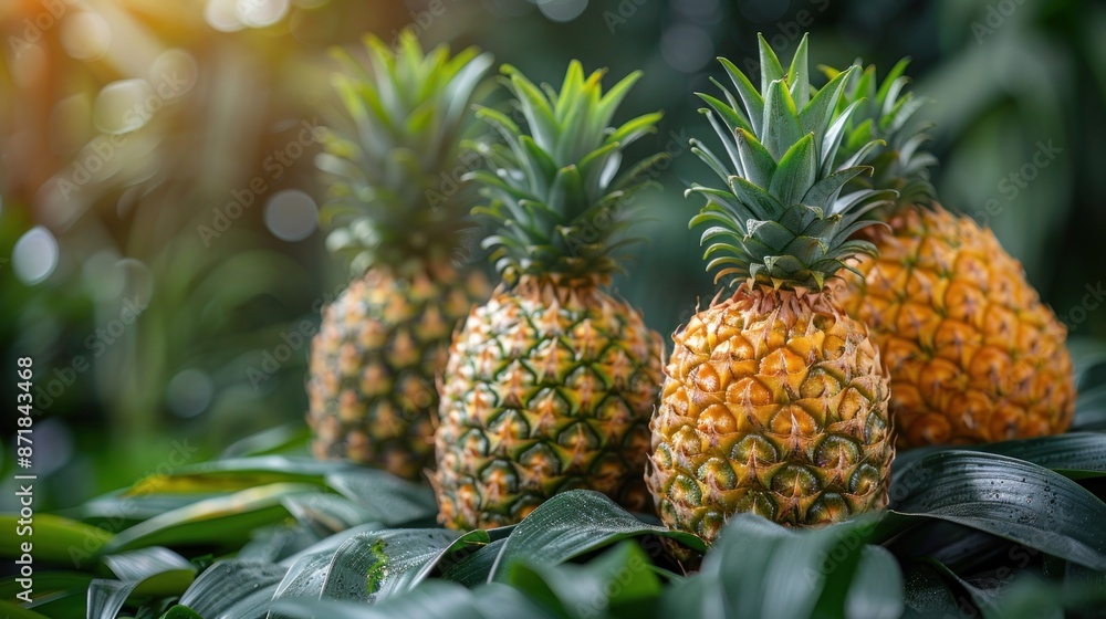 Fresh Pineapples on Lush Green Leaves Fresh Pineapples on Lush Green Leaves