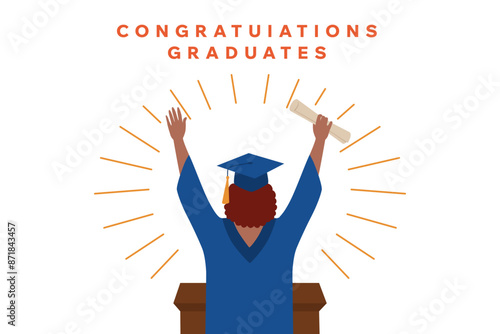 Image of a young graduate wearing a blue graduation dress and hat. The red-haired girl behind the office is happy about graduating from college. Flat vector illustration on white background.
