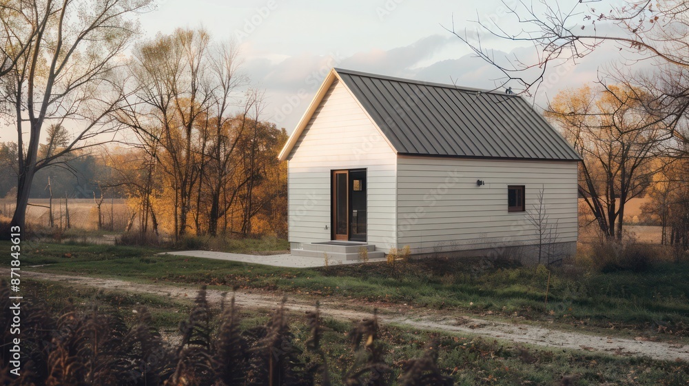detailed view of a small, modernist chapel in a rural setting, its simple form highlighted by minimalist aluminum siding detailed view of a small, modernist chapel in a rural setting, its simple form highlighted by minimalist aluminum siding