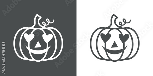 Logo i love Halloween. Emoticono con silueta de calabaza con líneas con sonrisa y corazones en lugar de ojos para felicitaciones y tarjetas