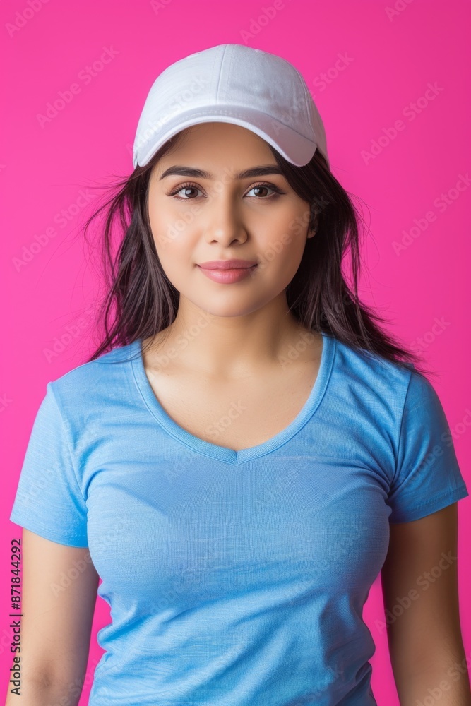 Confident Young Asian Woman in Blue Tee and White Cap on Pink Background Confident Young Asian Woman in Blue Tee and White Cap on Pink Background