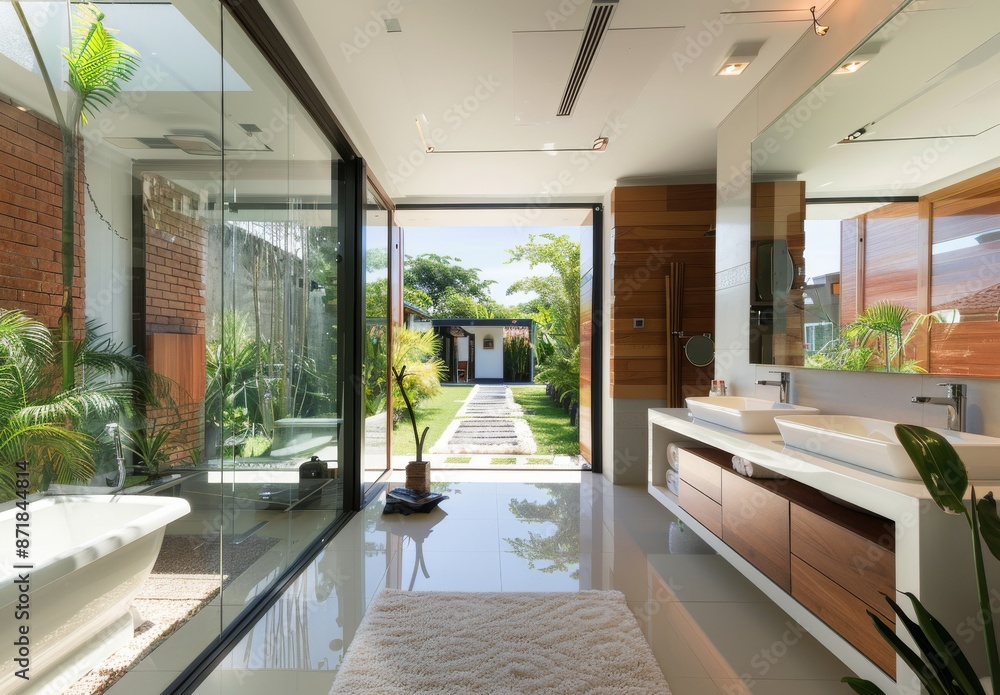 Interior of modern bathroom with bathtub and glass door. Nobody inside Interior of modern bathroom with bathtub and glass door. Nobody inside
