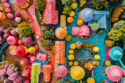 Aerial view of candyland, aerial view of a fairytale wonderland, surreal landscape, whimsical town, birds eye view of a fantasy dreamland photo