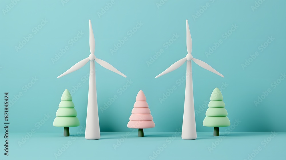 Minimalist concept, small model wind turbines and trees on a blue background, representing eco-friendly energy and sustainability. Minimalist concept, small model wind turbines and trees on a blue background, representing eco-friendly energy and sustainability.