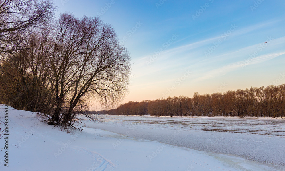 In the foreground, a bare tree stands stark against the snow-covered riverbank, with a frozen river stretching out behind it towards bare trees and a pale blue sky. In the foreground, a bare tree stands stark against the snow-covered riverbank, with a frozen river stretching out behind it towards bare trees and a pale blue sky.