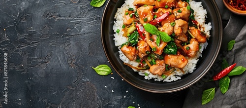 Wallpaper Mural Comforting Chinese chicken and garlic sprout stir-fry on rice with a delicious copy space image. Torontodigital.ca