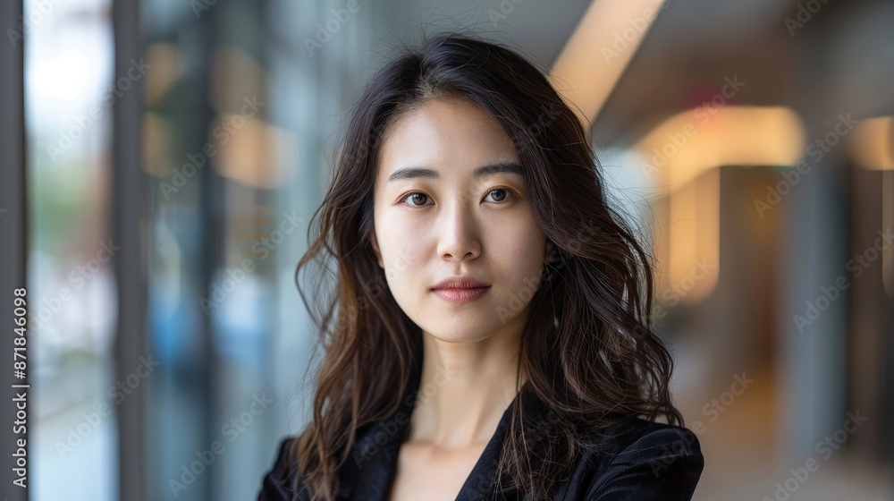 Portrait of a confident young woman standing in a modern office with natural light and a blurred background. Portrait of a confident young woman standing in a modern office with natural light and a blurred background.