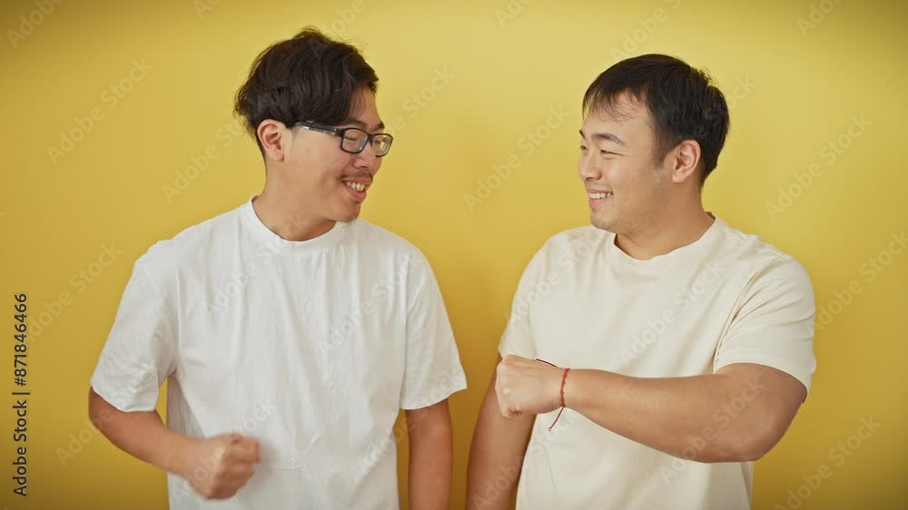 Two asian men smiling and fist bumping against a yellow background, showing friendship and positivity. Two asian men smiling and fist bumping against a yellow background, showing friendship and positivity.
