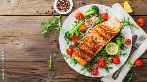 Grilled salmon and vegetables with quinoa and sauce on wooden background Healthy meal Top view with space for text