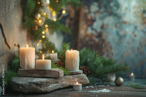 Christmas tree vibe, with natural light, in the style rustic stone surface © wilddrago