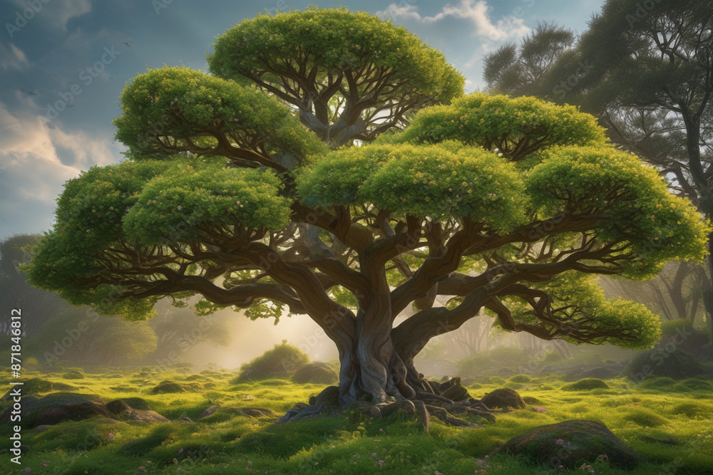a field on which grows one beautiful tall oak tree, a summer landscape in sunny warm weather a field on which grows one beautiful tall oak tree, a summer landscape in sunny warm weather