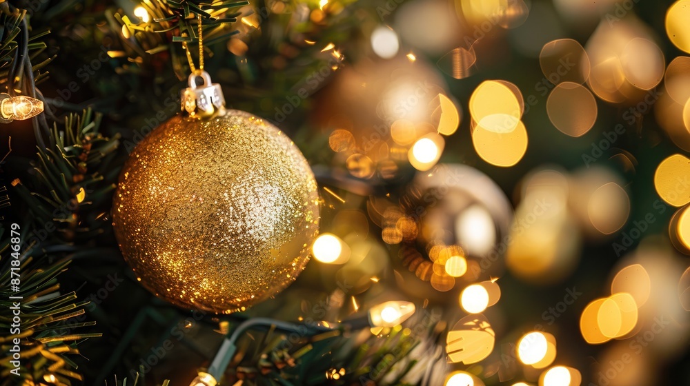 Gold ball and light bulb ornaments on a Christmas tree Gold ball and light bulb ornaments on a Christmas tree
