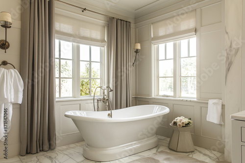 Marble Bathroom, Timeless Elegance, Soft sconces, Reflective focus © wilddrago