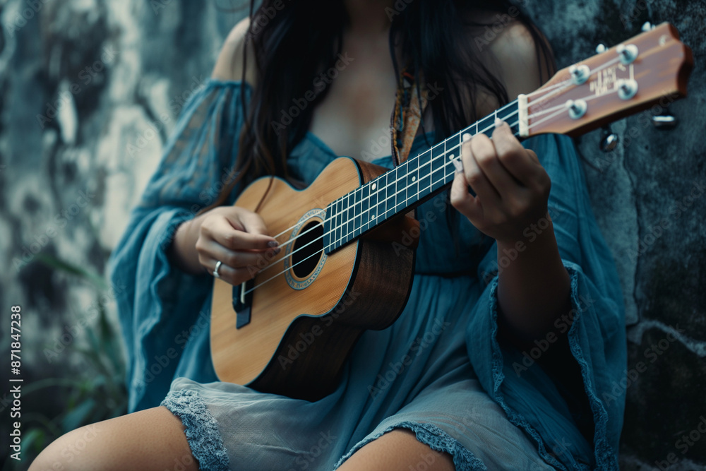 Fototapeta premium Woman playing ukulele guitar while sitting on a chair