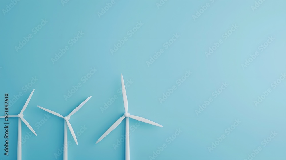Three wind turbines against a clear blue sky symbolizing sustainable energy and eco-friendly technology. Three wind turbines against a clear blue sky symbolizing sustainable energy and eco-friendly technology.