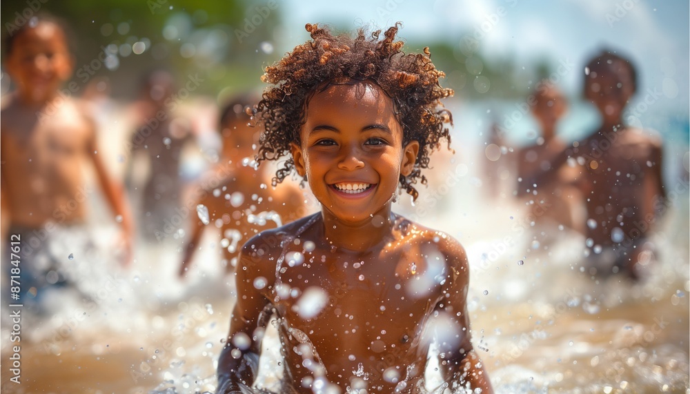 Obraz premium Group of boys splashing and getting wet in the sea