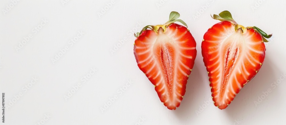 Close-up image of juicy, fresh strawberries halved on a white background with ample copy space image. Close-up image of juicy, fresh strawberries halved on a white background with ample copy space image.