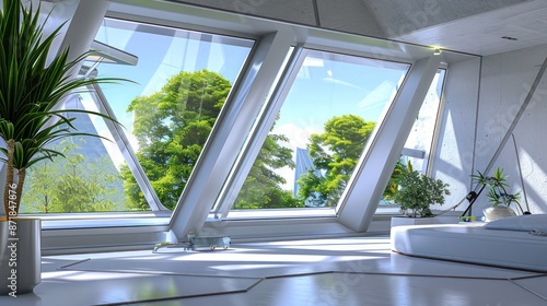 high-tech window featuring triple glazing and krypton gas fill, set in a futuristic home environment photo