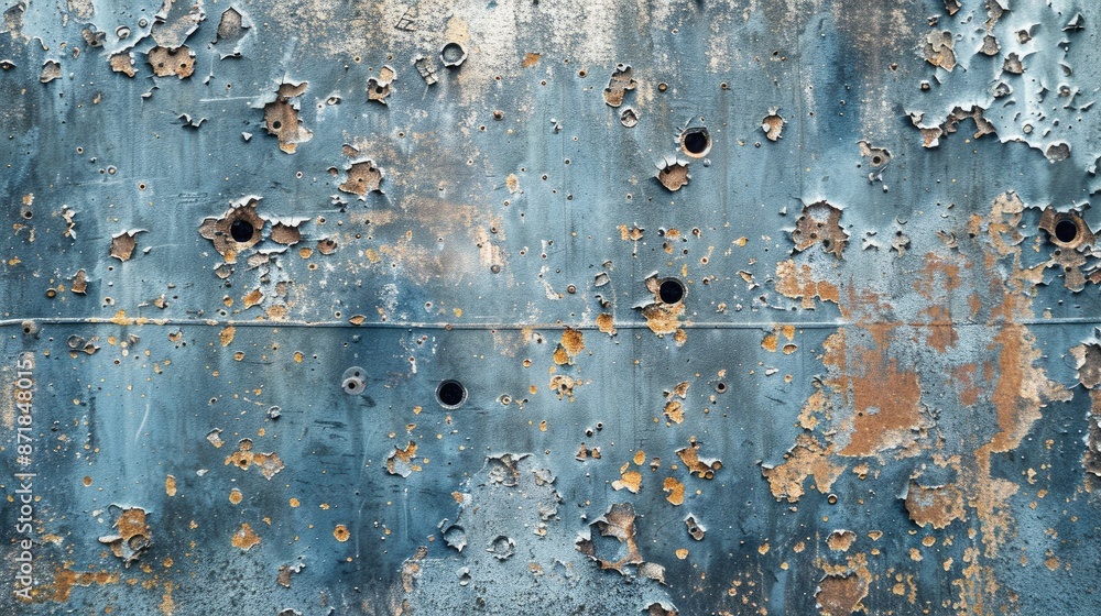 Weathered blue and grey rusty metallic background with holes Weathered blue and grey rusty metallic background with holes