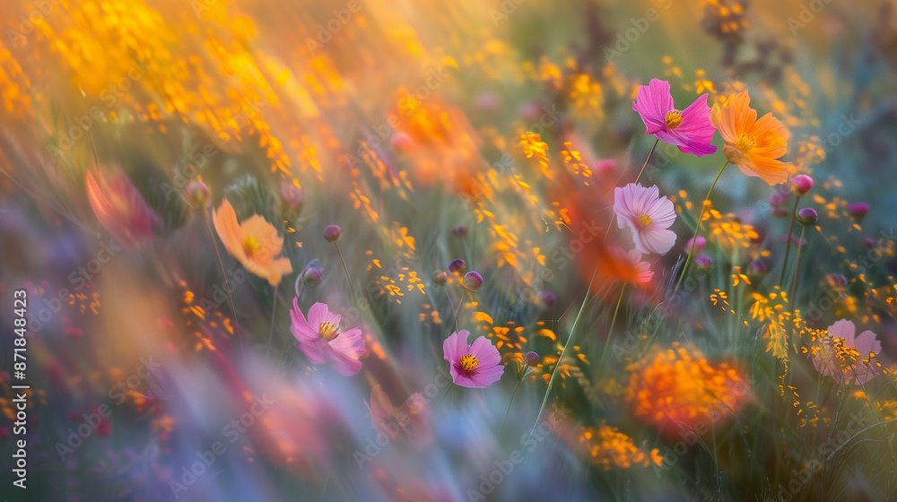 A field of flowers with a blurry background. The flowers are in various colors, including pink, orange, and yellow. Scene is peaceful and serene, as the flowers seem to be in full bloom A field of flowers with a blurry background. The flowers are in various colors, including pink, orange, and yellow. Scene is peaceful and serene, as the flowers seem to be in full bloom
