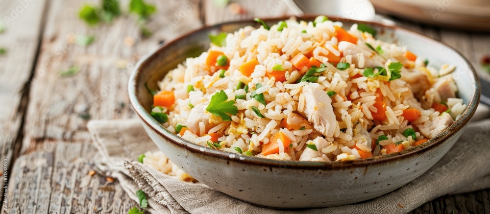 Delicious Chinese fried rice with carrots and chicken, perfect for food blogs or menus, featuring a copy space image. Delicious Chinese fried rice with carrots and chicken, perfect for food blogs or menus, featuring a copy space image.