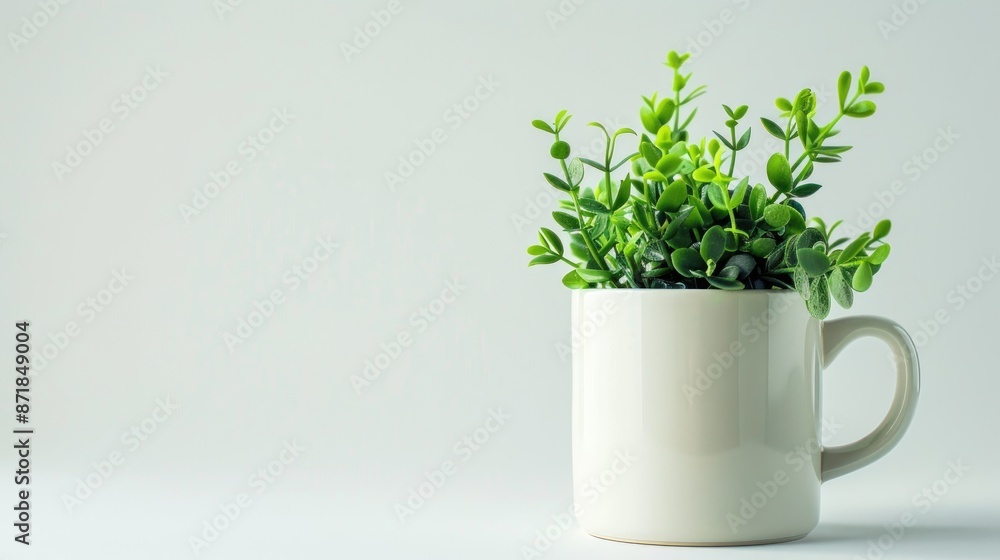 Fototapeta premium Green foliage in a mug on white backdrop for design concept