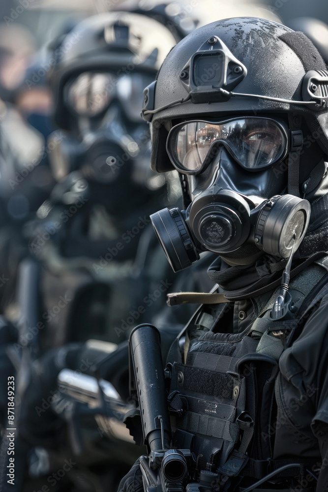 officers in protective gear and gas masks officers in protective gear and gas masks