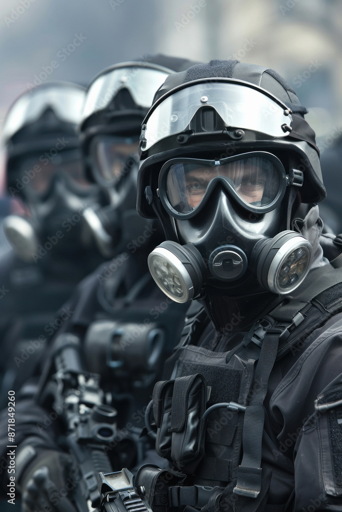 Fototapeta premium officers in protective gear and gas masks