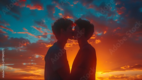 A passionate kiss between two gay guys, framed by the glowing colors of a synthwave sunset