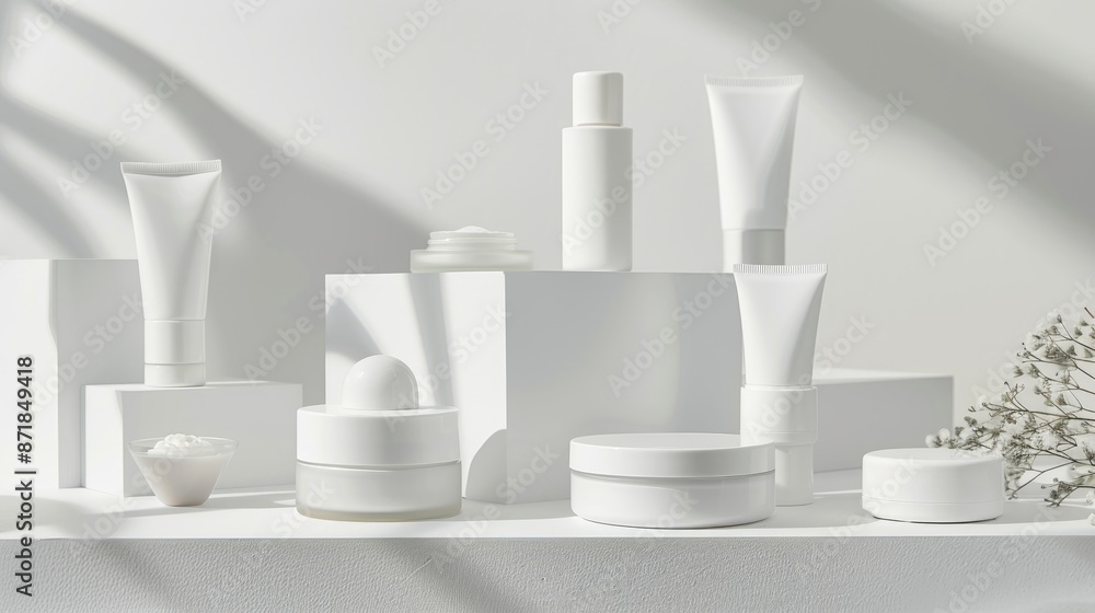 Cosmetic products in white containers on neutral backdrop skincare range including creams makeup and anti aging items Displayed from the front with space for text close up view for mock ups Cosmetic products in white containers on neutral backdrop skincare range including creams makeup and anti aging items Displayed from the front with space for text close up view for mock ups