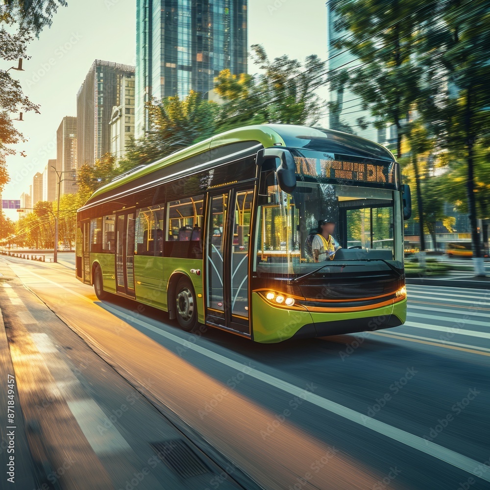 Obraz premium Futuristic Electric Bus - Zero Emissions Urban Transit Solution on White Background with Copy Space