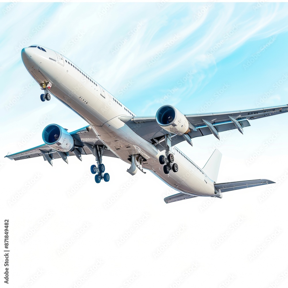 Sustainable Air Travel Innovation - Modern Commercial Airplane Taking Off with Eco-Friendly Fuel, Clear Sky Background Sustainable Air Travel Innovation - Modern Commercial Airplane Taking Off with Eco-Friendly Fuel, Clear Sky Background