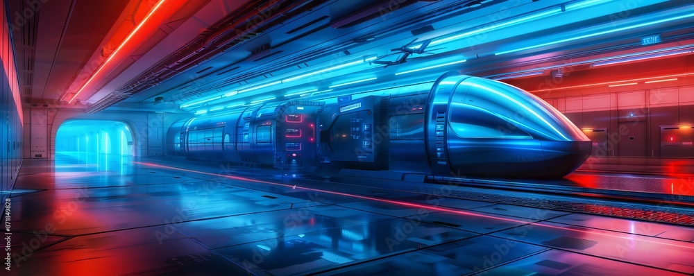 Fototapeta premium Futuristic underground metro station with glowing neon lights and a sleek train, illustrating advanced transportation technology.
