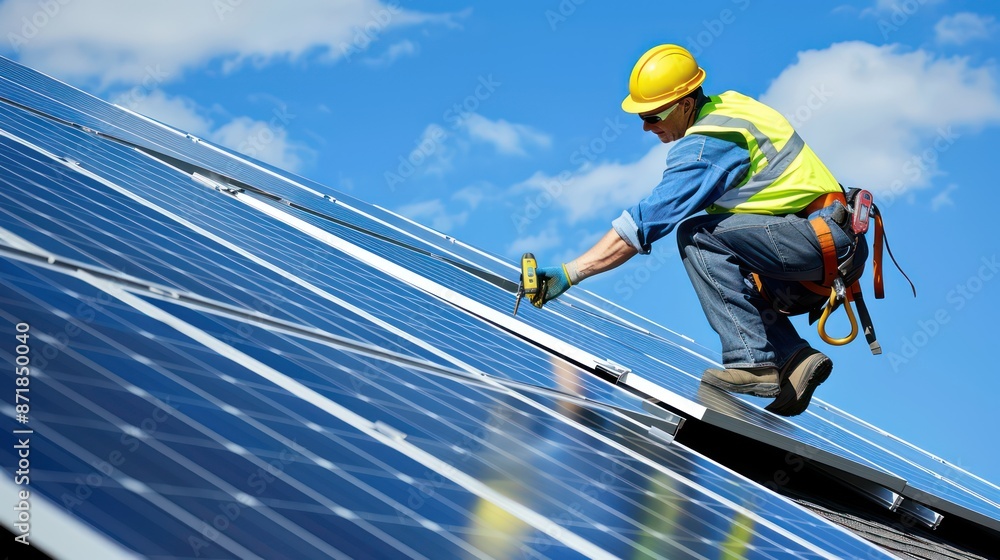 Technician repairing solar panels on the roof