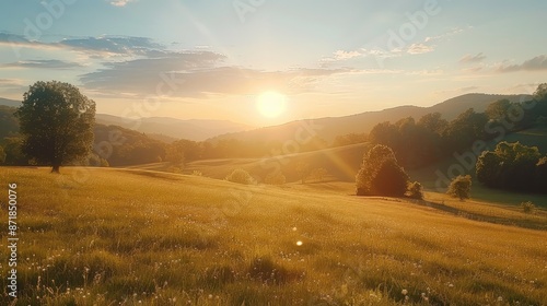 Sun-dappled fields in tranquil countryside