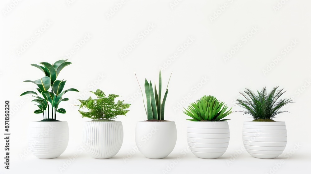 Plants in a minimalist white pot Separate front view white background Plants in a minimalist white pot Separate front view white background