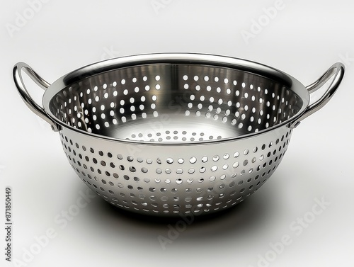 Stainless steel colander with handles isolated on white background, perfect for draining pasta or washing vegetables photo