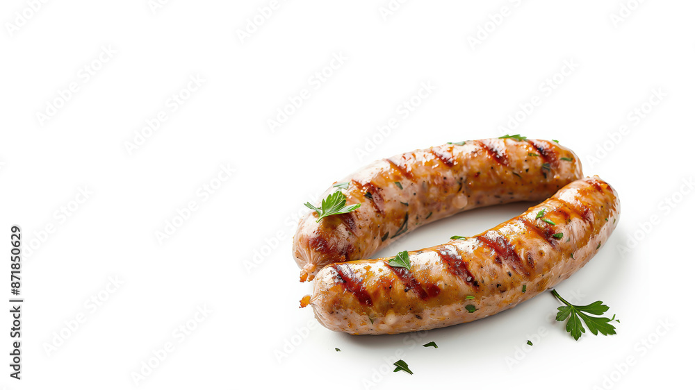 Grilled sausages on a white background garnished with fresh parsley. Close-up food photography showcasing delicious, juicy, and flavorful sausages. Grilled sausages on a white background garnished with fresh parsley. Close-up food photography showcasing delicious, juicy, and flavorful sausages.