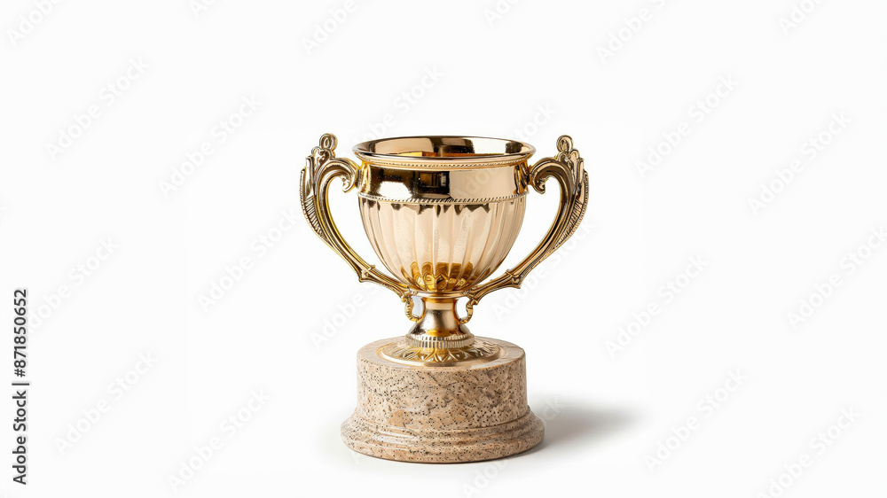 Golden trophy with intricate details on a marble base, symbolizing victory and achievement, perfect for award ceremonies and recognition events.