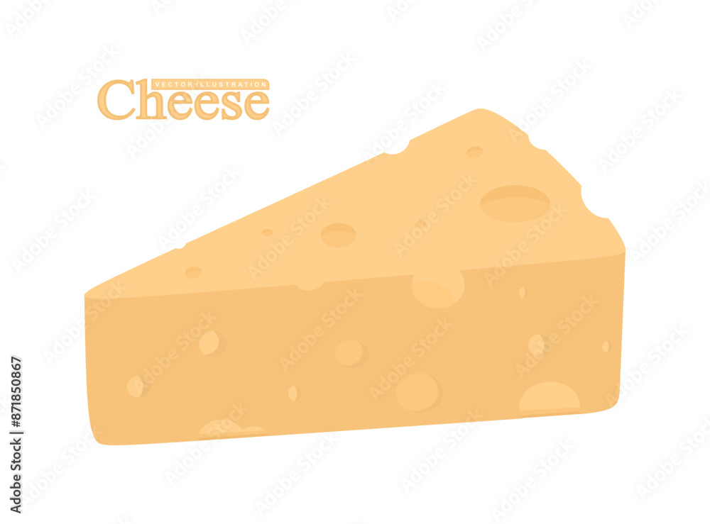 Triangular piece of cheese, dairy product. Cheese with holes isolated on white background. Delicious and organic meal. Dairy food product. Cheesy appetizer in colored flat vector illustration Triangular piece of cheese, dairy product. Cheese with holes isolated on white background. Delicious and organic meal. Dairy food product. Cheesy appetizer in colored flat vector illustration