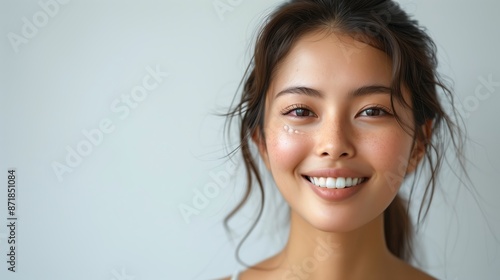 Smiling Woman With Wavy Dark Hair Against White Background
