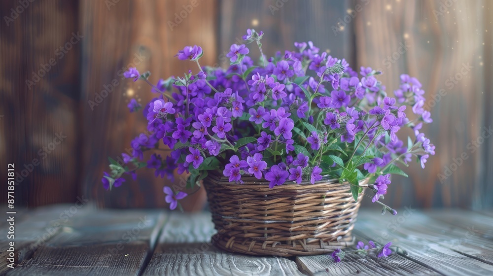Bright purple flowers in basket on wooden table with vintage tone Bright purple flowers in basket on wooden table with vintage tone