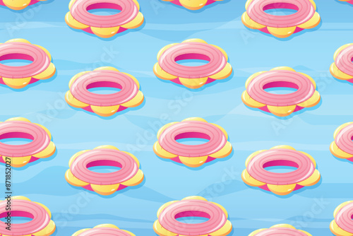 Vector seamless cartoon pattern, pink inflatable ring for swimming.