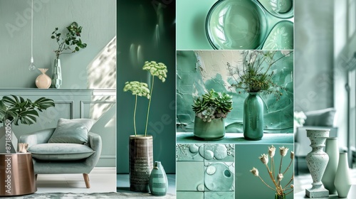 Mood board for interior design in mint green tones. photo