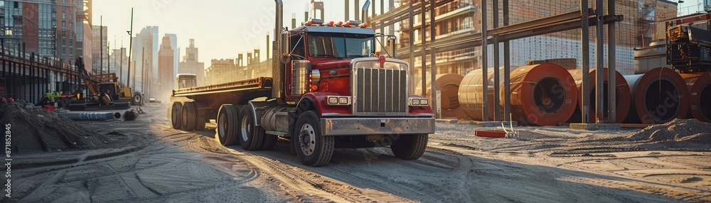 A red semi-truck parked at a construction site during sunrise, with an urban skyline visible in the background. A red semi-truck parked at a construction site during sunrise, with an urban skyline visible in the background.